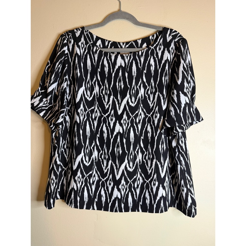 Chico's Black Label Womens 3 Black White Ikat Print Flare Sleeve Blouse